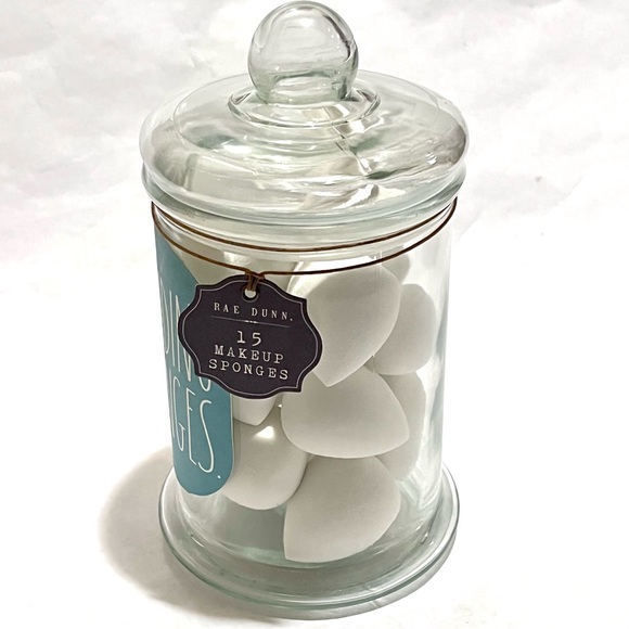 Rae Dunn BLENDING SPONGES 15 Makeup Sponges in Glass Jar White/Teal - Picture 2 of 9